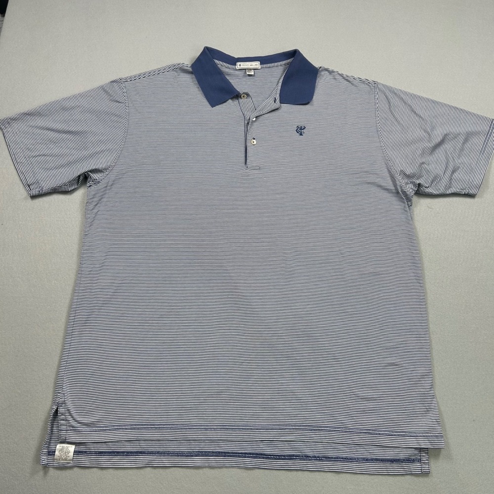 Peter Millar Mens XXL Polo Shirt Blue White Striped Cotton Short Sleeve Golf TCC